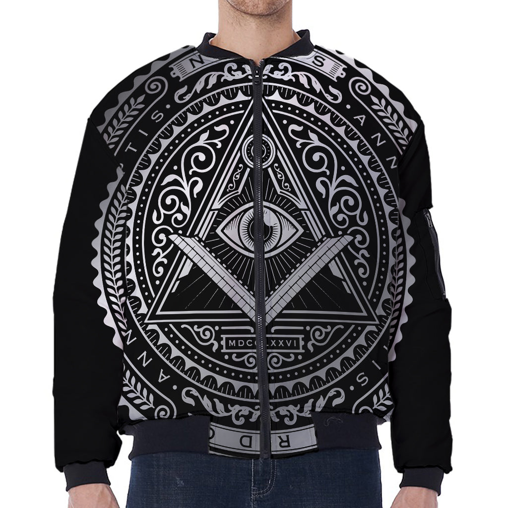 Silver And Black All Seeing Eye Print Zip Sleeve Bomber Jacket