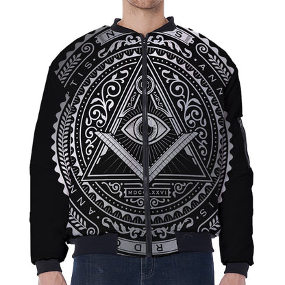 Silver And Black All Seeing Eye Print Zip Sleeve Bomber Jacket