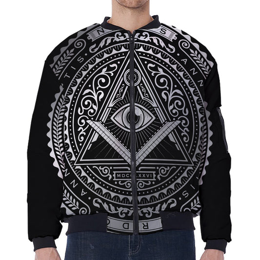 Silver And Black All Seeing Eye Print Zip Sleeve Bomber Jacket