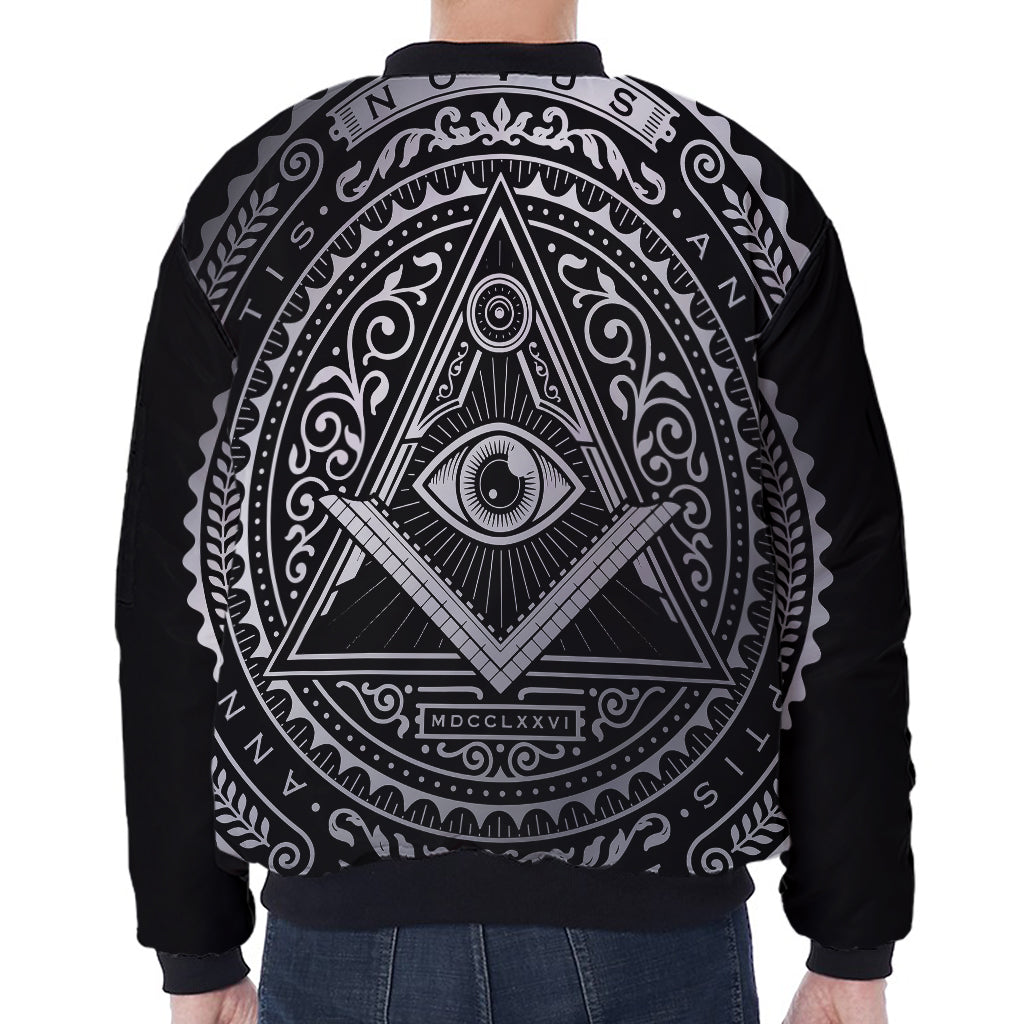 Silver And Black All Seeing Eye Print Zip Sleeve Bomber Jacket