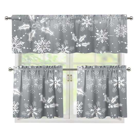 Silver And White Snowflake Pattern Print 3 Piece Kitchen Curtains