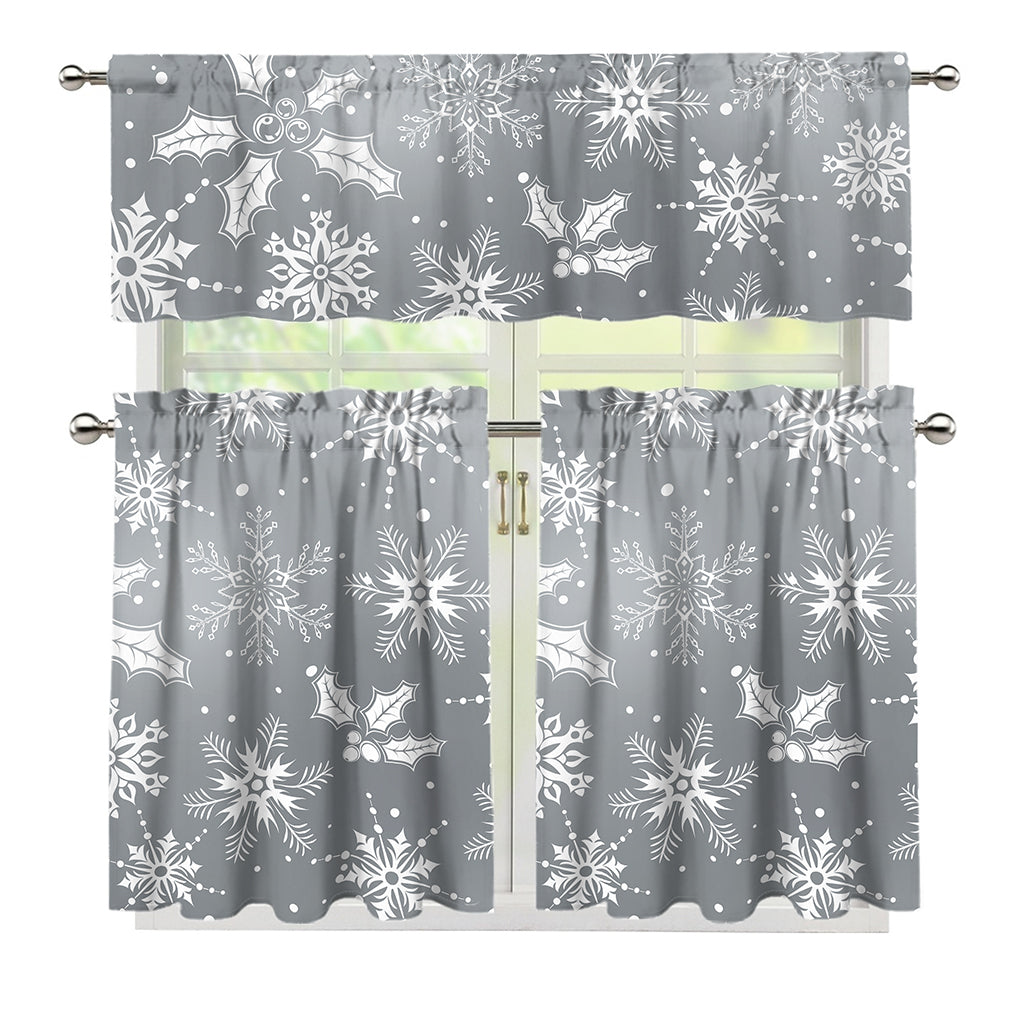 Silver And White Snowflake Pattern Print 3 Piece Kitchen Curtains