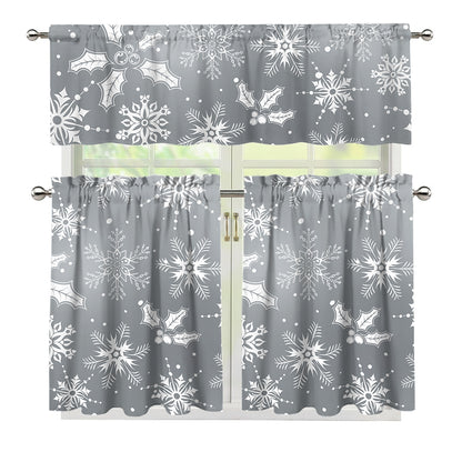 Silver And White Snowflake Pattern Print 3 Piece Kitchen Curtains