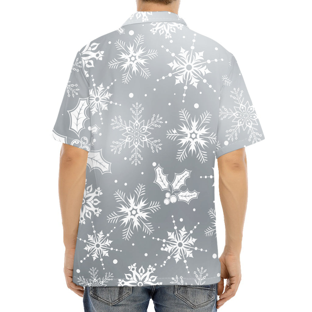 Silver And White Snowflake Pattern Print Aloha Shirt