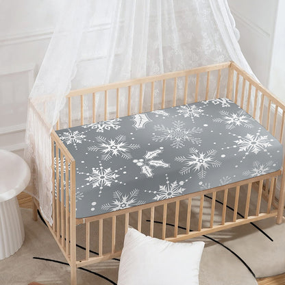 Silver And White Snowflake Pattern Print Baby Crib Sheet