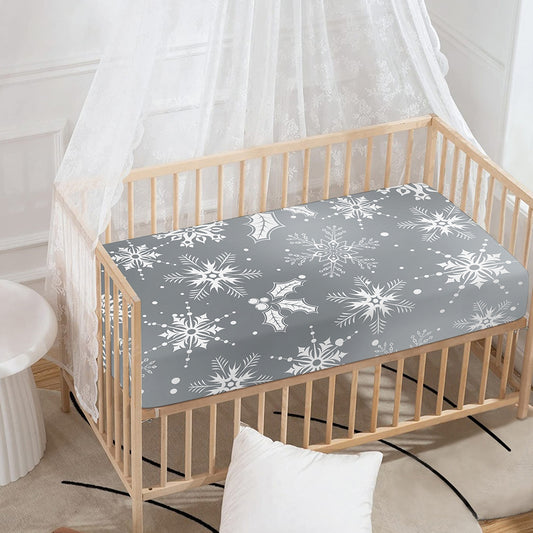 Silver And White Snowflake Pattern Print Baby Crib Sheet
