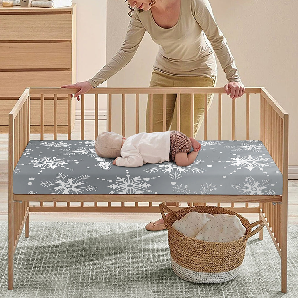 Silver And White Snowflake Pattern Print Baby Crib Sheet