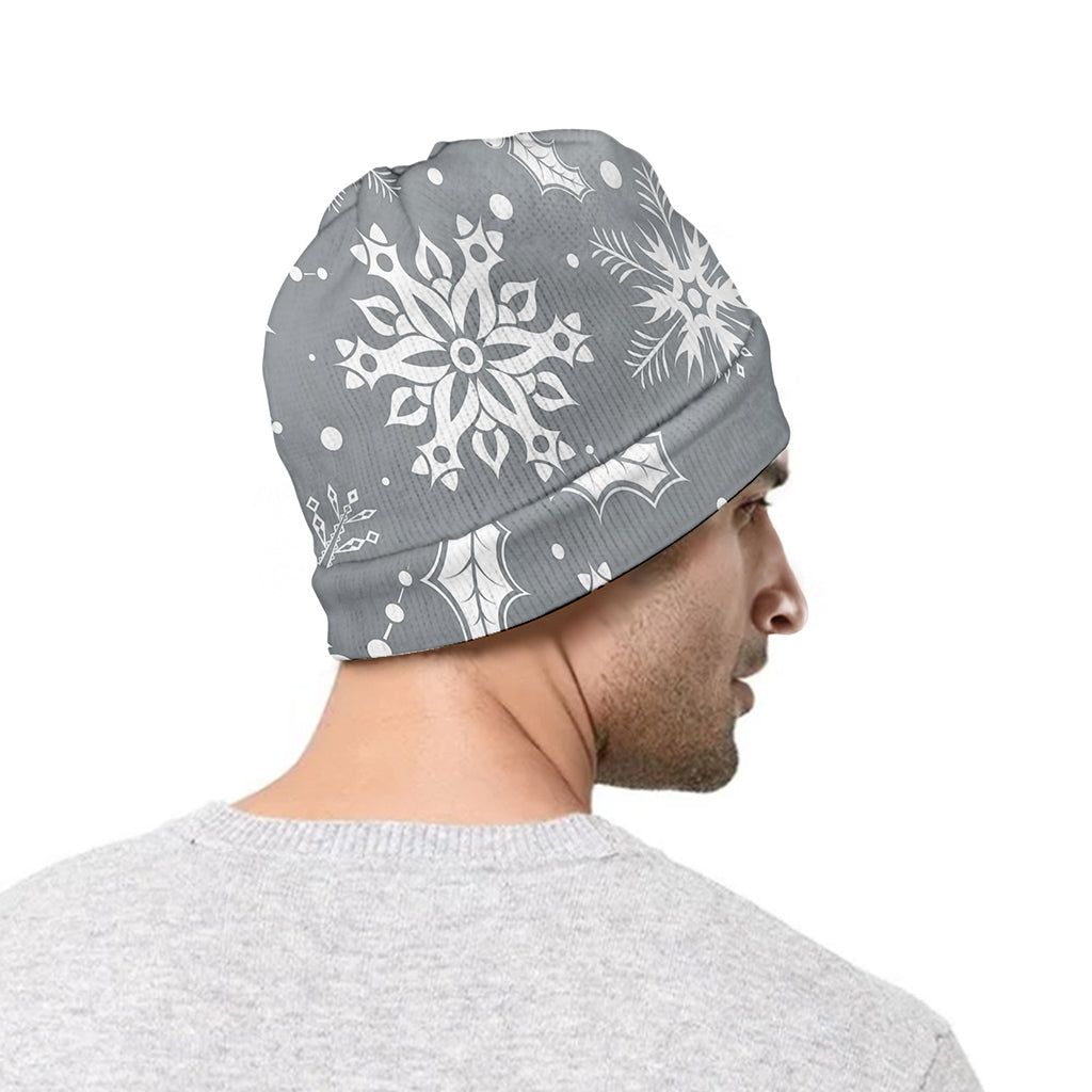 Silver And White Snowflake Pattern Print Beanie