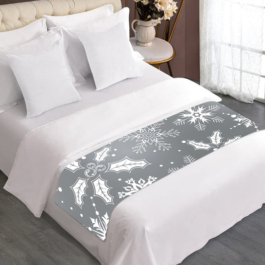 Silver And White Snowflake Pattern Print Bed Runner