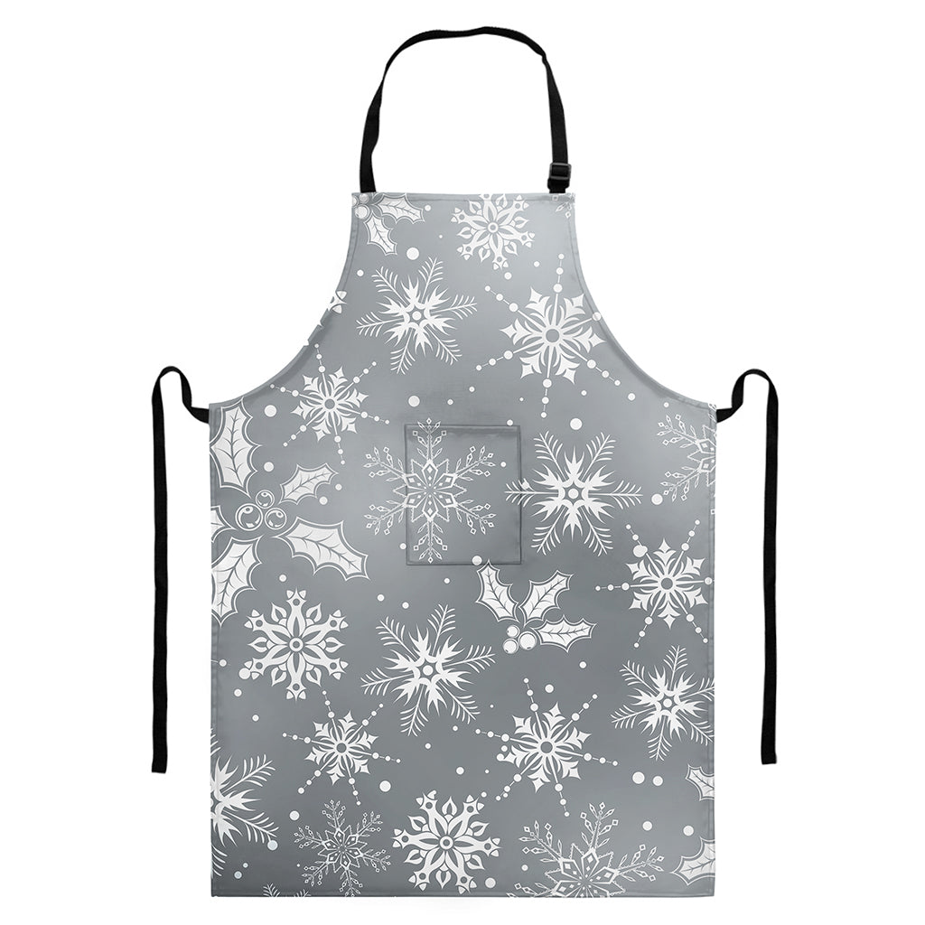 Silver And White Snowflake Pattern Print Bib Apron With Pocket