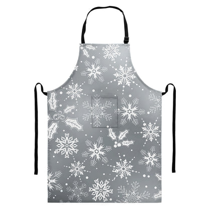 Silver And White Snowflake Pattern Print Bib Apron With Pocket