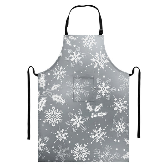 Silver And White Snowflake Pattern Print Bib Apron With Pocket