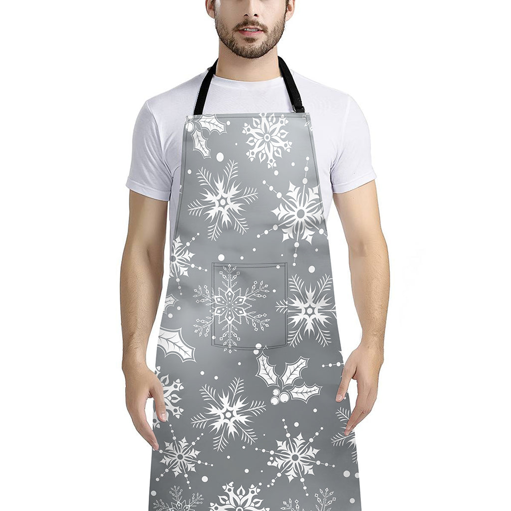 Silver And White Snowflake Pattern Print Bib Apron With Pocket