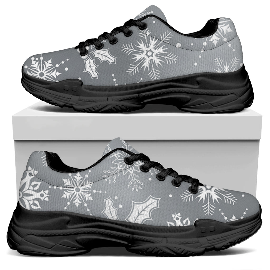 Silver And White Snowflake Pattern Print Black Chunky Shoes