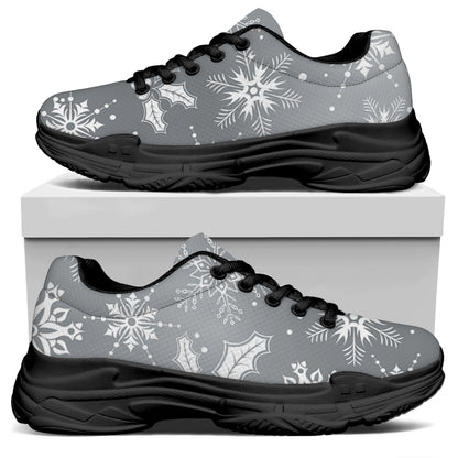 Silver And White Snowflake Pattern Print Black Chunky Shoes
