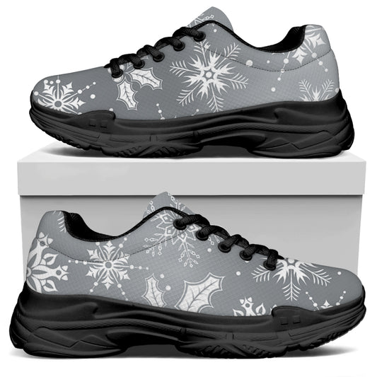 Silver And White Snowflake Pattern Print Black Chunky Shoes