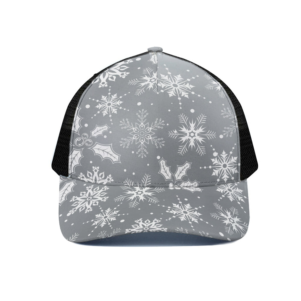 Silver And White Snowflake Pattern Print Black Mesh Trucker Cap
