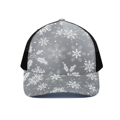 Silver And White Snowflake Pattern Print Black Mesh Trucker Cap