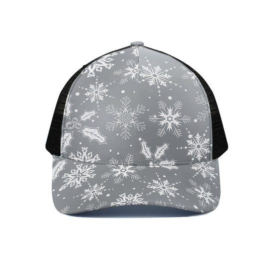 Silver And White Snowflake Pattern Print Black Mesh Trucker Cap