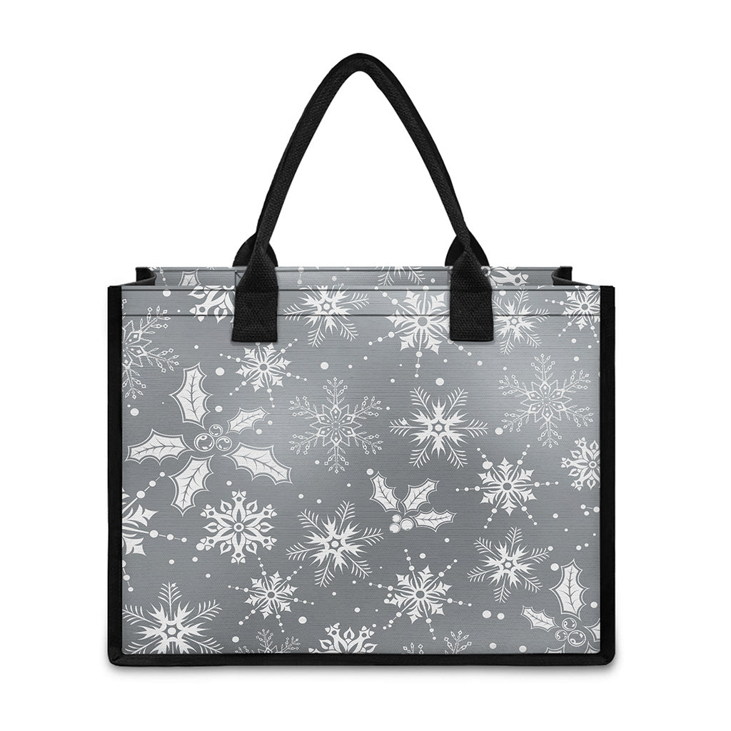 Silver And White Snowflake Pattern Print Canvas Tote Bag