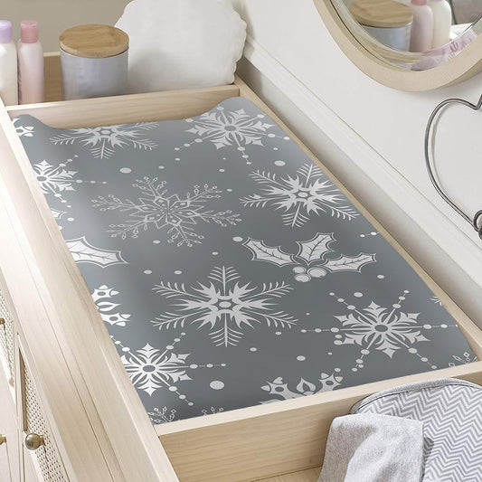 Silver And White Snowflake Pattern Print Changing Pad Cover