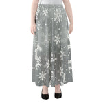 Silver And White Snowflake Pattern Print Chiffon Maxi Skirt