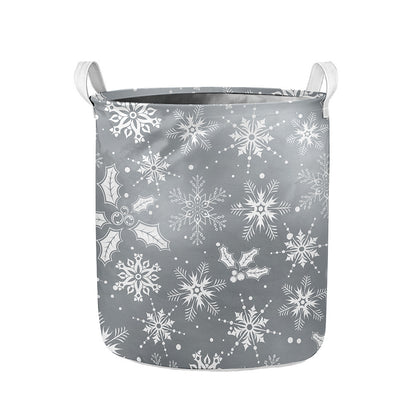 Silver And White Snowflake Pattern Print Collapsible Laundry Basket