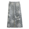 Silver And White Snowflake Pattern Print Cotton Front Slit Maxi Skirt