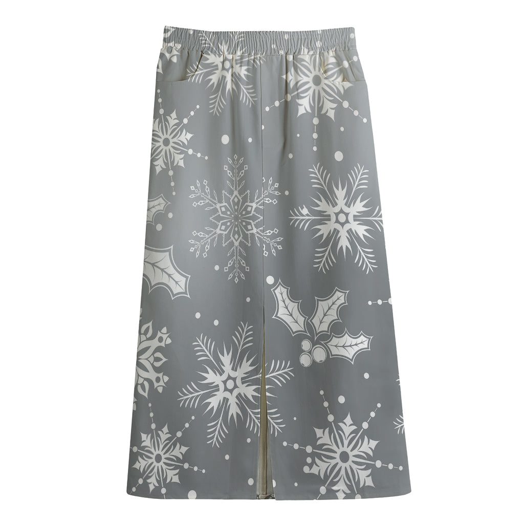 Silver And White Snowflake Pattern Print Cotton Front Slit Maxi Skirt