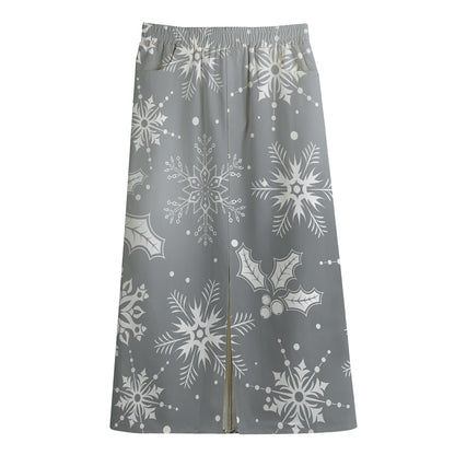 Silver And White Snowflake Pattern Print Cotton Front Slit Maxi Skirt