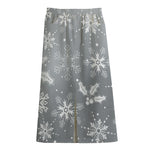Silver And White Snowflake Pattern Print Cotton Front Slit Maxi Skirt