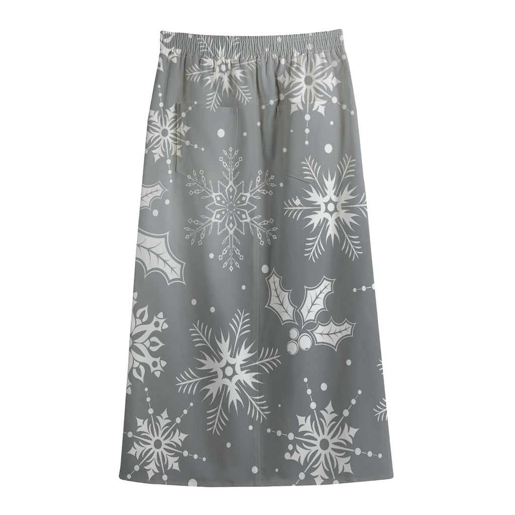 Silver And White Snowflake Pattern Print Cotton Front Slit Maxi Skirt