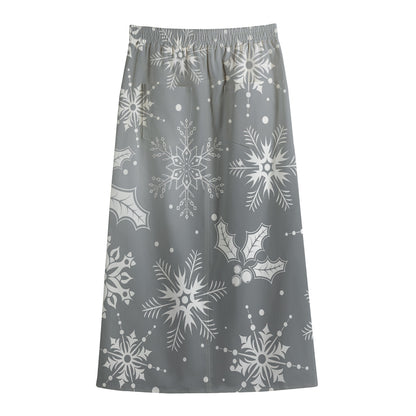 Silver And White Snowflake Pattern Print Cotton Front Slit Maxi Skirt