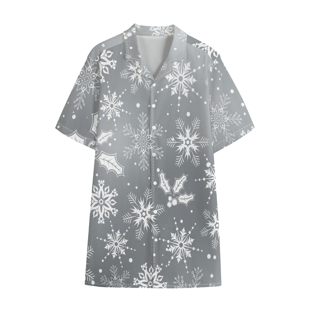 Silver And White Snowflake Pattern Print Cotton Hawaiian Shirt