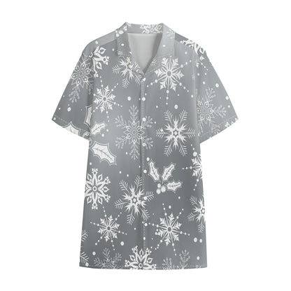 Silver And White Snowflake Pattern Print Cotton Hawaiian Shirt