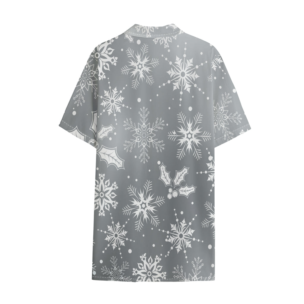 Silver And White Snowflake Pattern Print Cotton Hawaiian Shirt