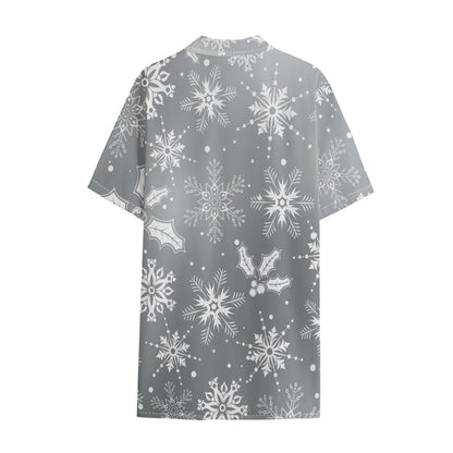 Silver And White Snowflake Pattern Print Cotton Hawaiian Shirt
