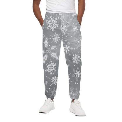 Silver And White Snowflake Pattern Print Cotton Pants