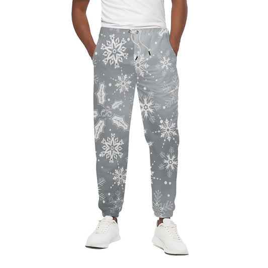 Silver And White Snowflake Pattern Print Cotton Pants
