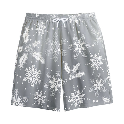 Silver And White Snowflake Pattern Print Cotton Shorts