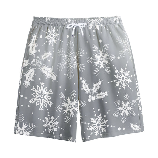 Silver And White Snowflake Pattern Print Cotton Shorts