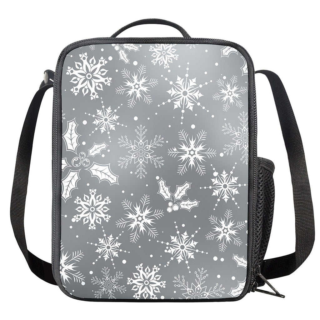 Silver And White Snowflake Pattern Print Crossbody Lunch Bag