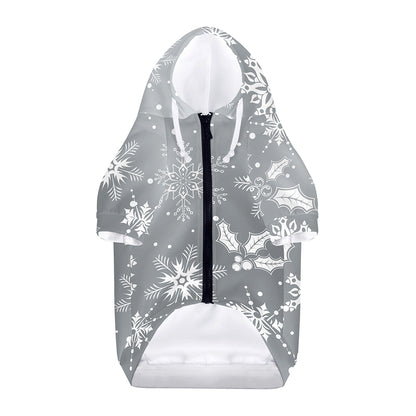Silver And White Snowflake Pattern Print Dog Zip Up Hoodie