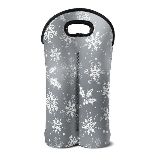 Silver And White Snowflake Pattern Print Double Neoprene Wine Tote