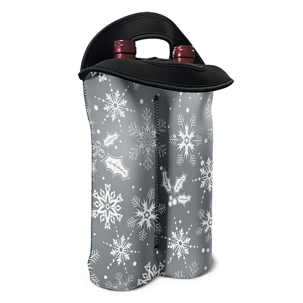 Silver And White Snowflake Pattern Print Double Neoprene Wine Tote