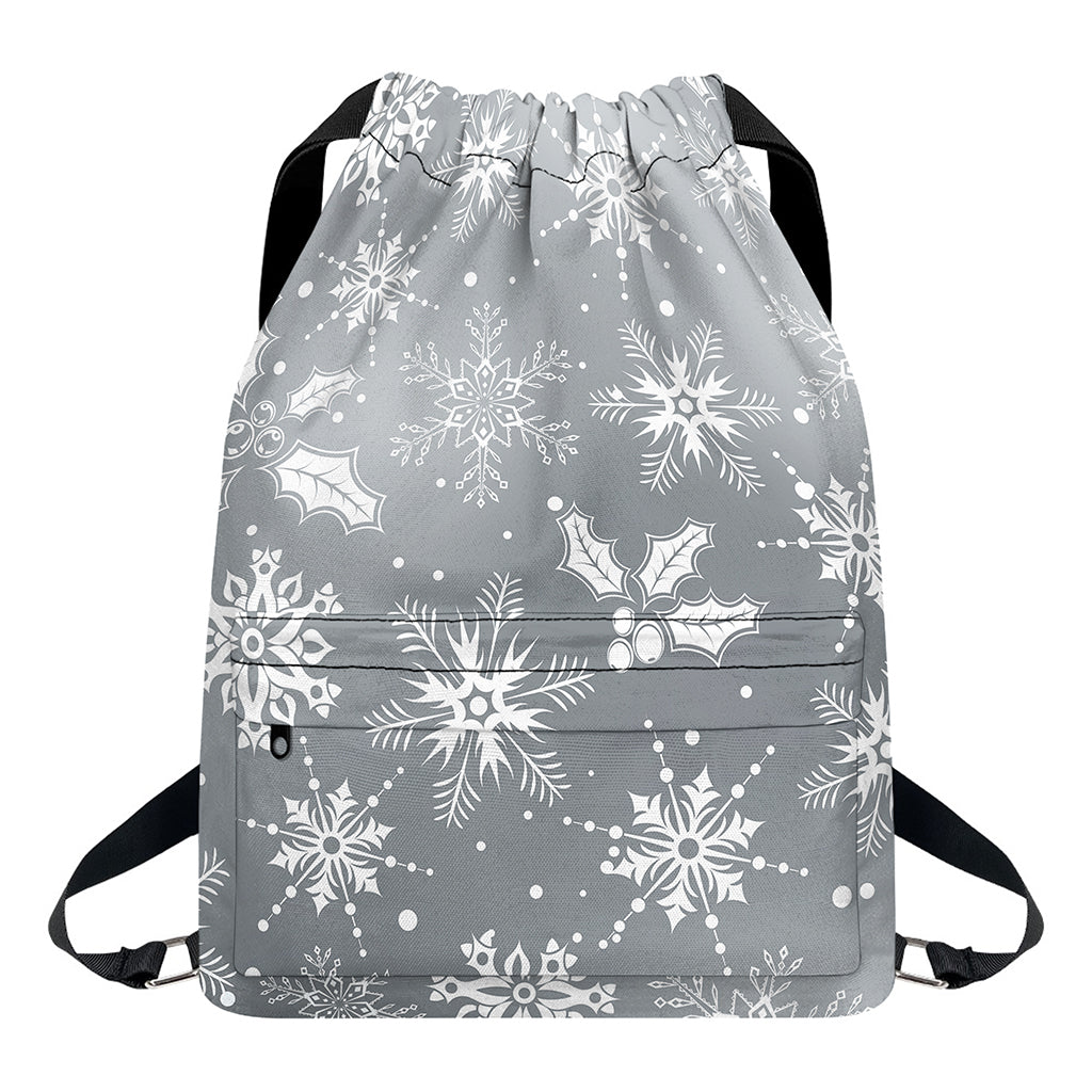 Silver And White Snowflake Pattern Print Drawstring Backpack