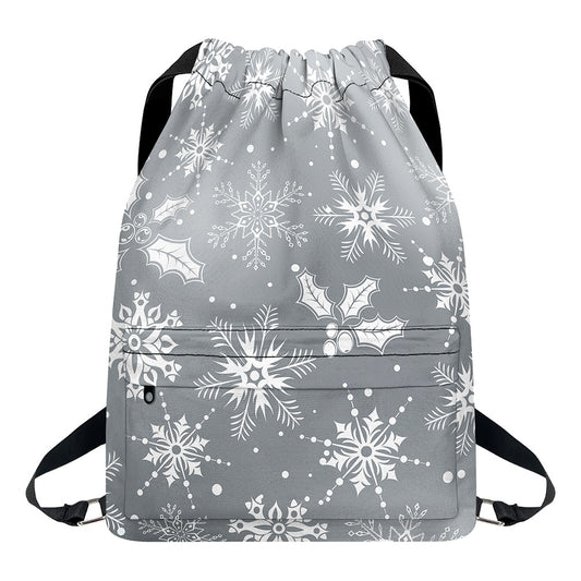 Silver And White Snowflake Pattern Print Drawstring Backpack