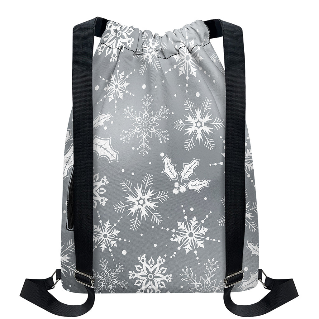 Silver And White Snowflake Pattern Print Drawstring Backpack