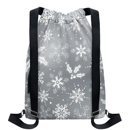 Silver And White Snowflake Pattern Print Drawstring Backpack