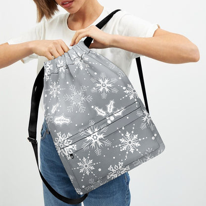 Silver And White Snowflake Pattern Print Drawstring Backpack